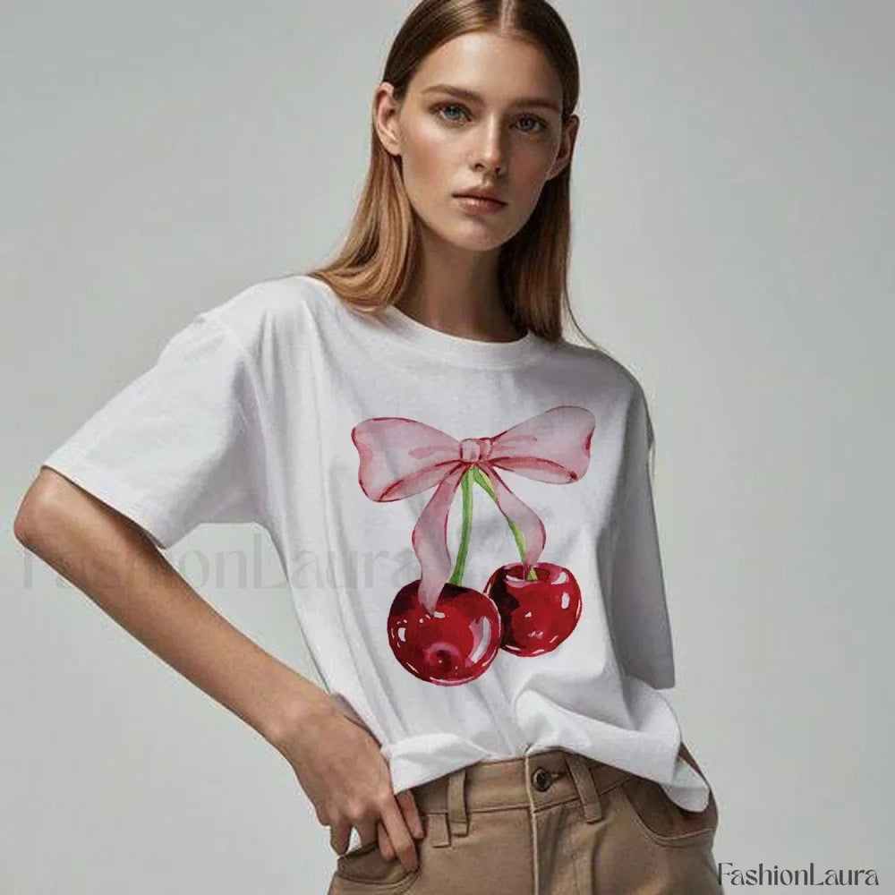 Cherry Bow Fashion Harajuku Summer Casual T Shirt WHITE / S