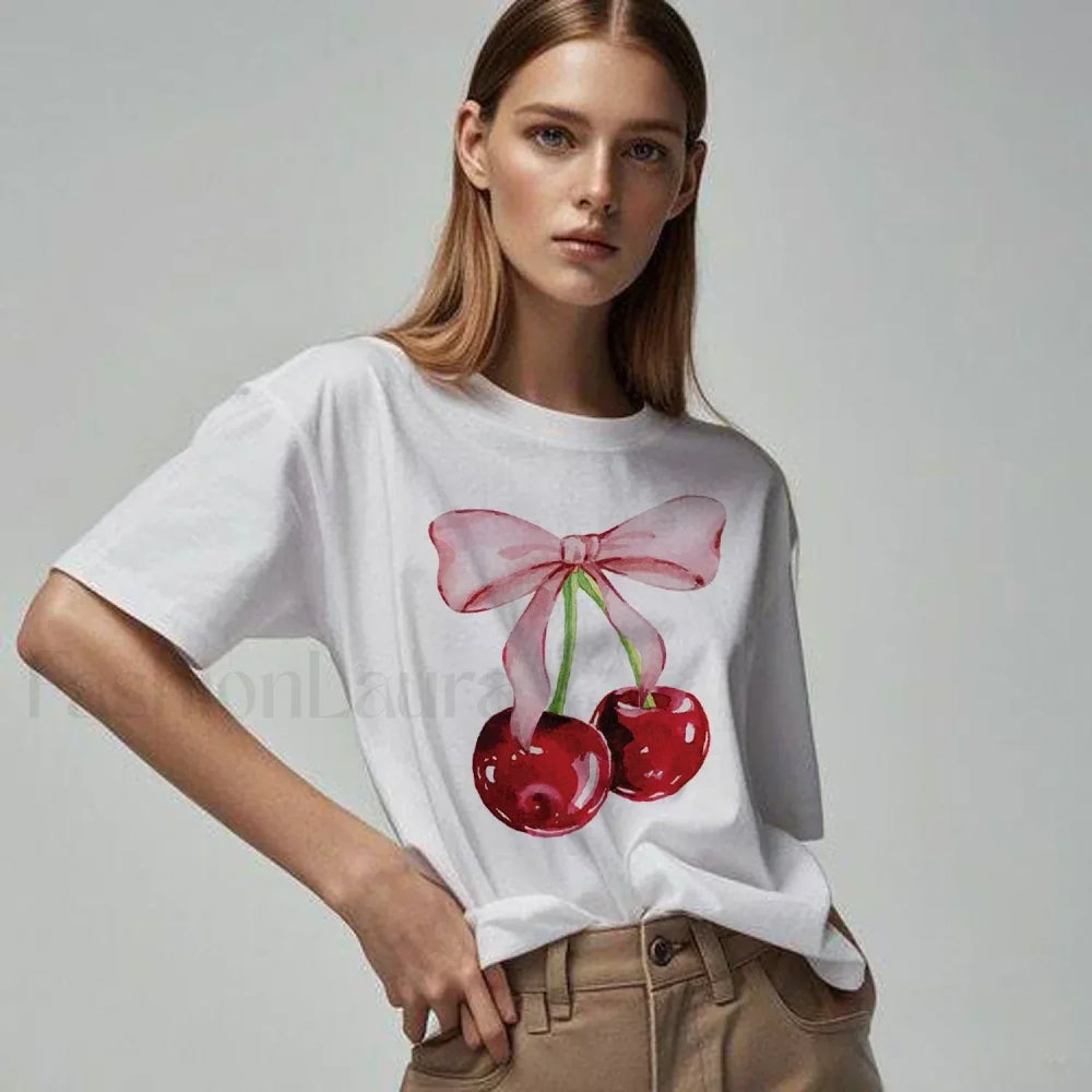 Cherry Bow Fashion Harajuku Summer Casual T Shirt WHITE / S