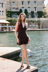 Cherry Print Deep V Halter Strap Neck Mini Dress