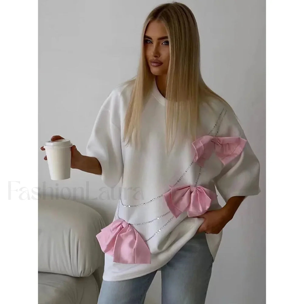 Chic Bow Decoration Cotton T Shirt
