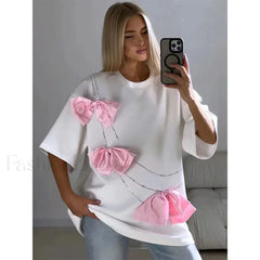 Chic Bow Decoration Cotton T Shirt WHITE / S