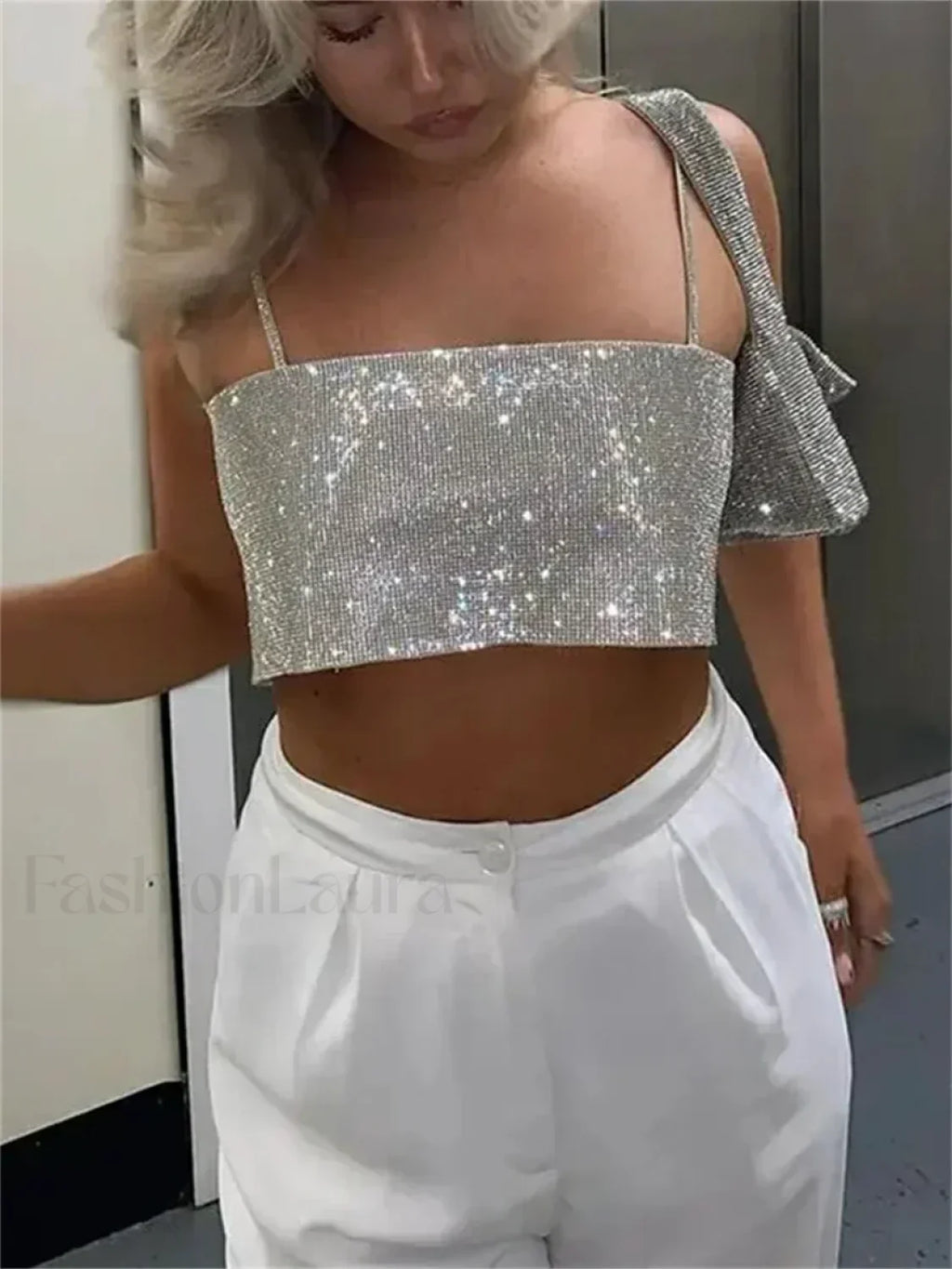 Chic Glitters Spaghetti Strap Shiny Bandeau Tube Crop Top