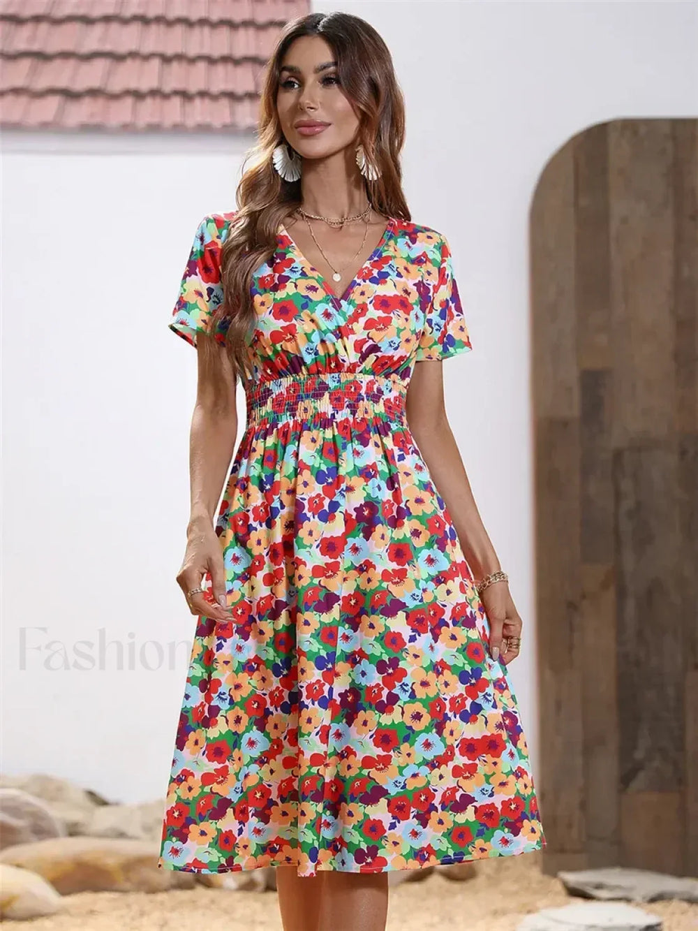 Chic Summer Fashionable Floral Navy Sleeveless Elegant Holiday Midi Dress 2856 Red / S