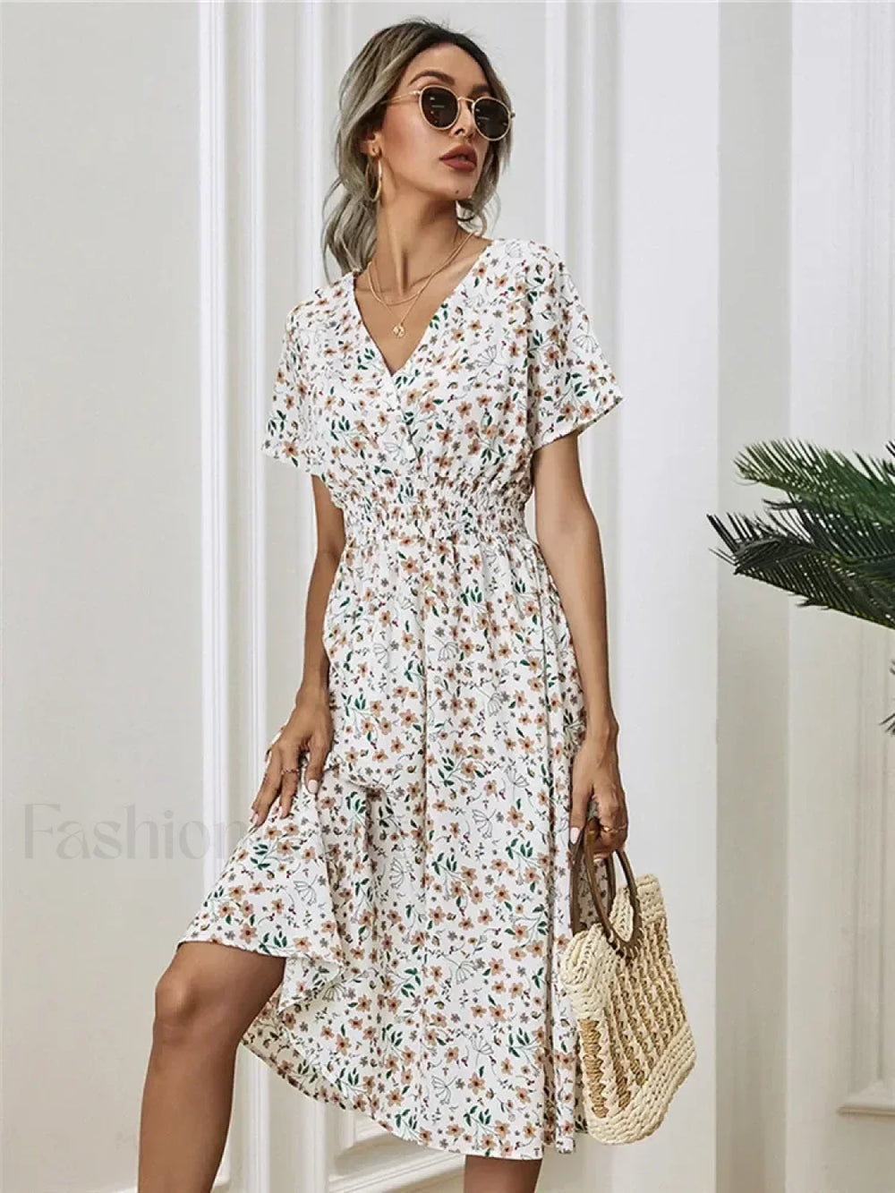 Chic Summer Fashionable Floral Navy Sleeveless Elegant Holiday Midi Dress WHITE / S