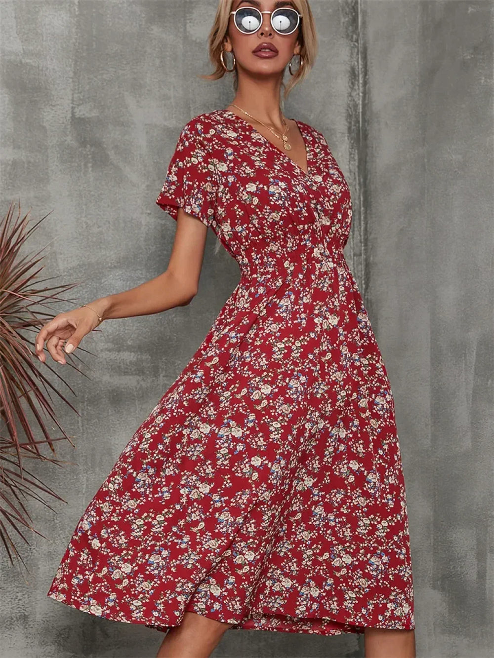 Chic Summer Fashionable Floral Navy Sleeveless Elegant Holiday Midi Dress 9894 Red / S