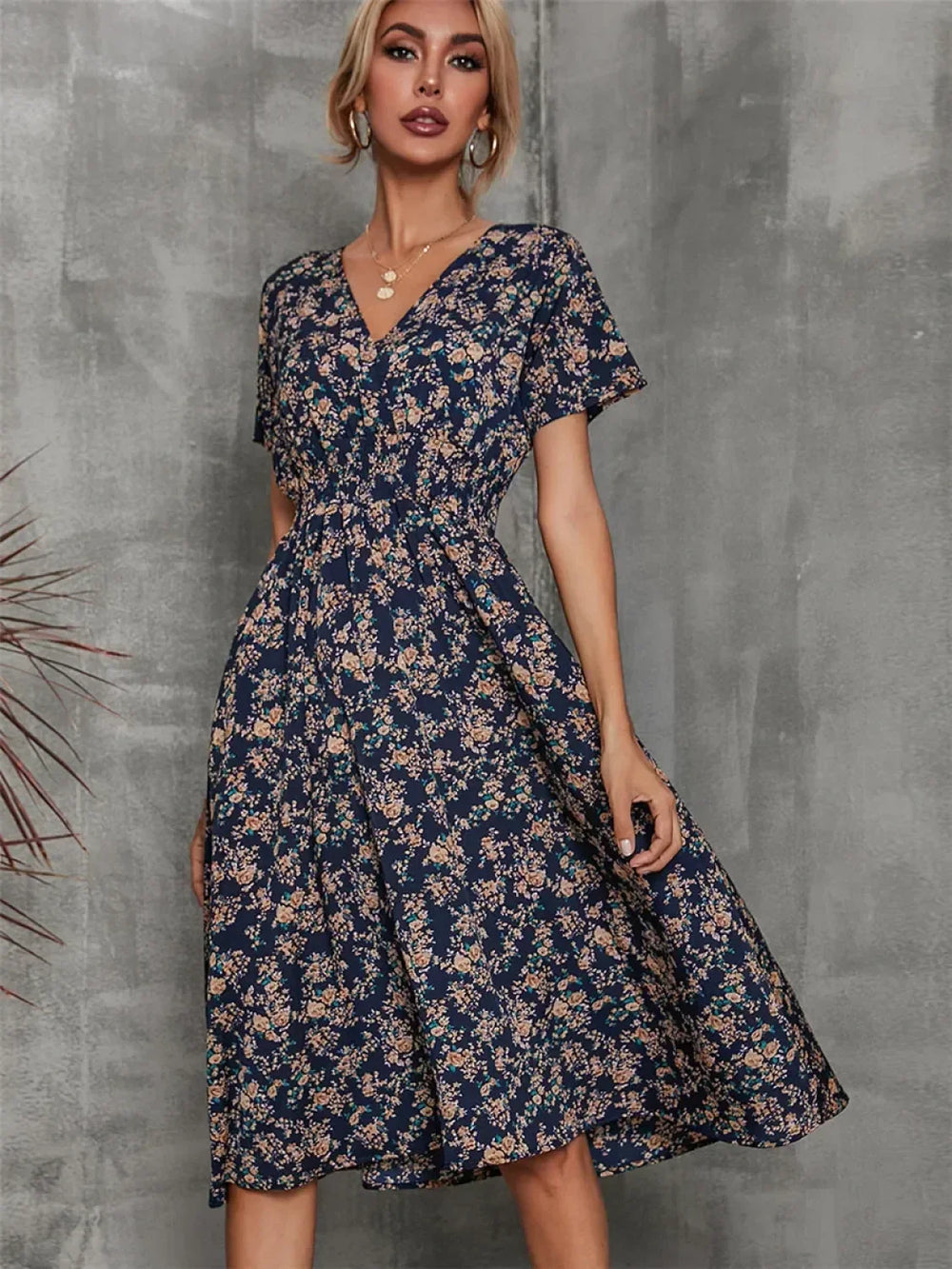 Chic Summer Fashionable Floral Navy Sleeveless Elegant Holiday Midi Dress NAVY BLUE / S