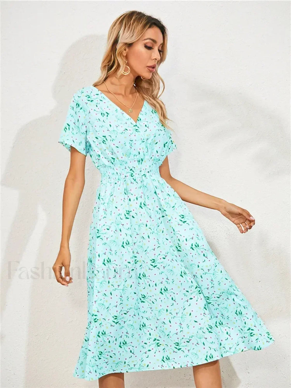 Chic Summer Fashionable Floral Navy Sleeveless Elegant Holiday Midi Dress Light Green / S
