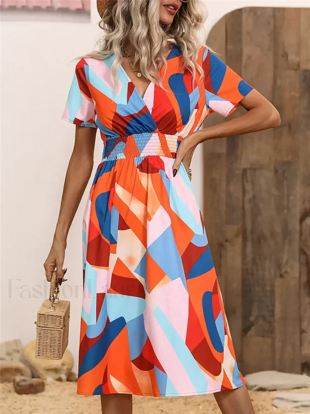 Chic Summer Fashionable Floral Navy Sleeveless Elegant Holiday Midi Dress Orange Blue / S