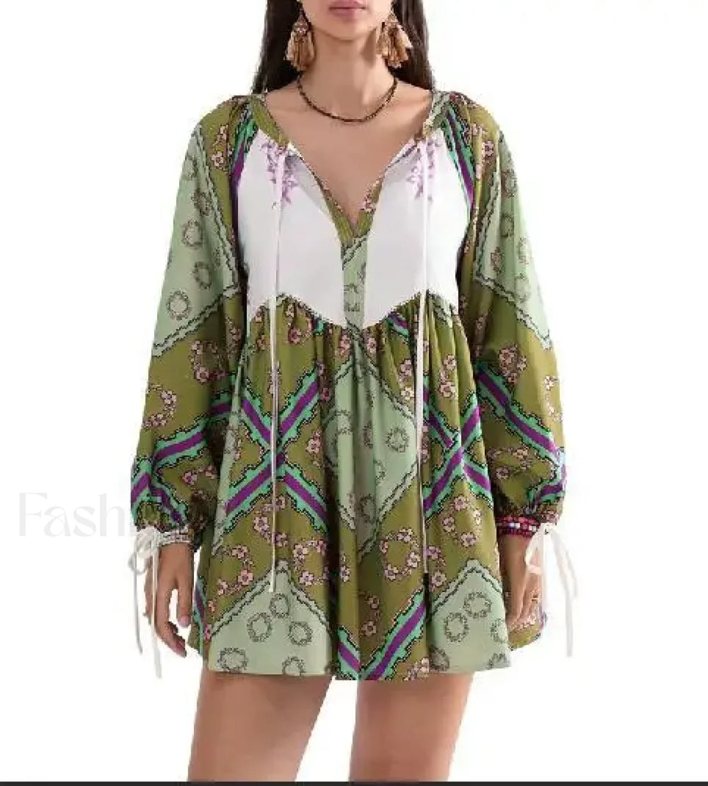 Chiffon Floral Tunic Boho Dress army green / S