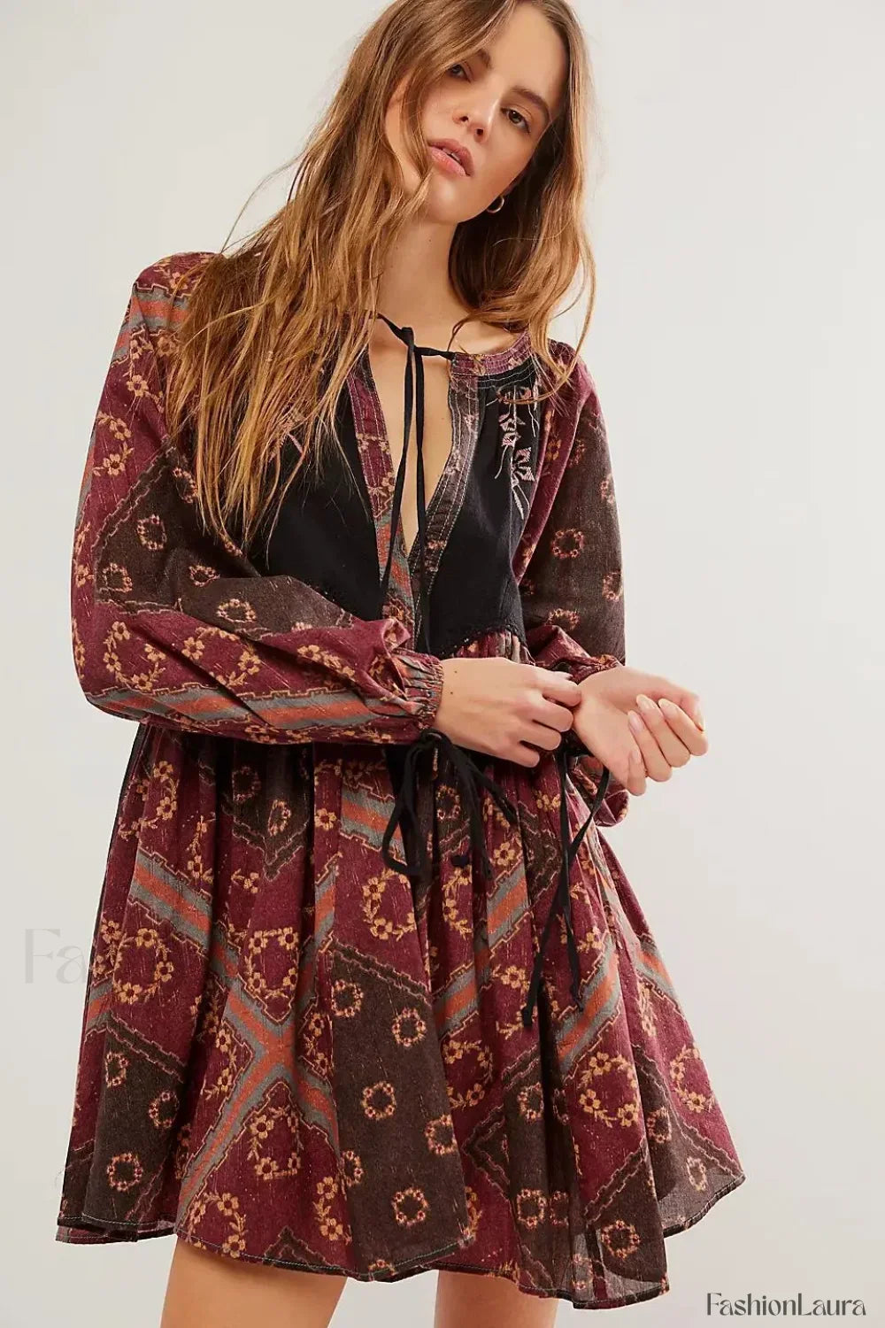 Chiffon Floral Tunic Boho Dress Burgundy / S