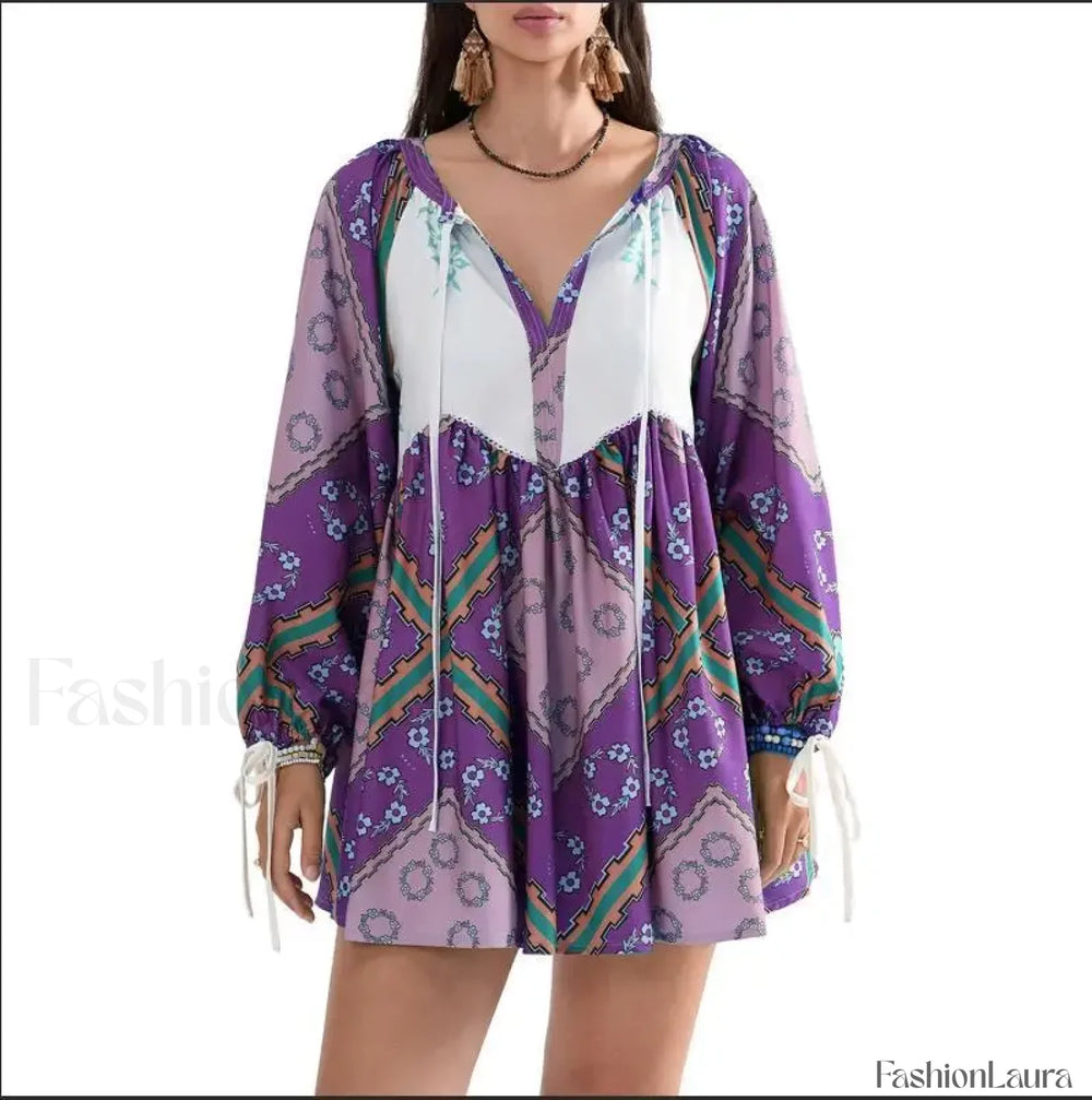 Chiffon Floral Tunic Boho Dress PURPLE / S