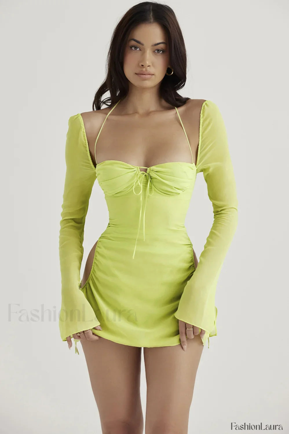 Chiffon Halter Stylish Mini Dress S / Neon Green