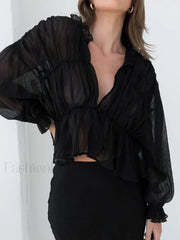 Chiffon Ruffle Graceful Detail Blouse Black / XS Blouses
