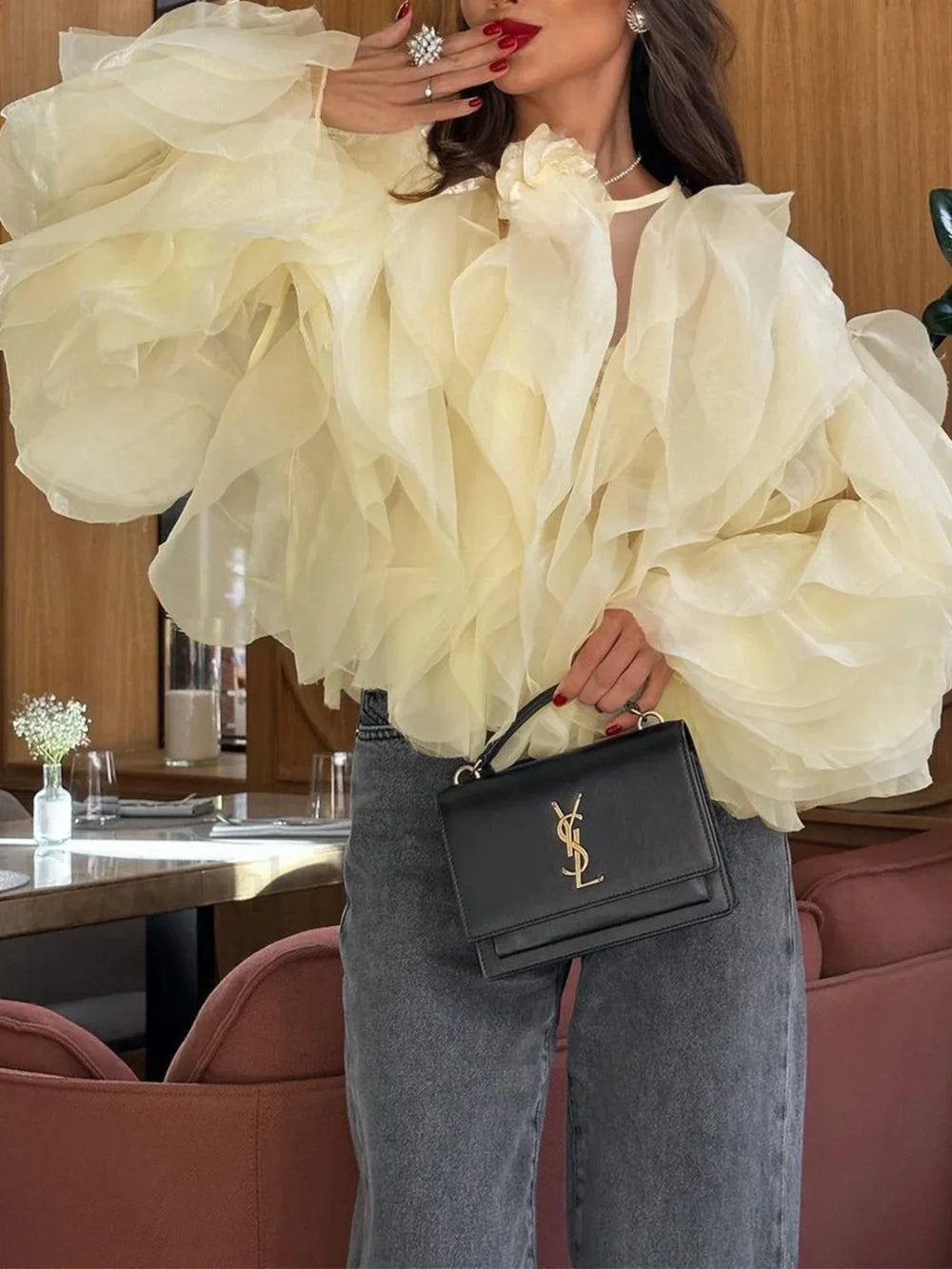 Chiffon Ruffled Graceful Crew Neck Blouse Apricot / S Blouses