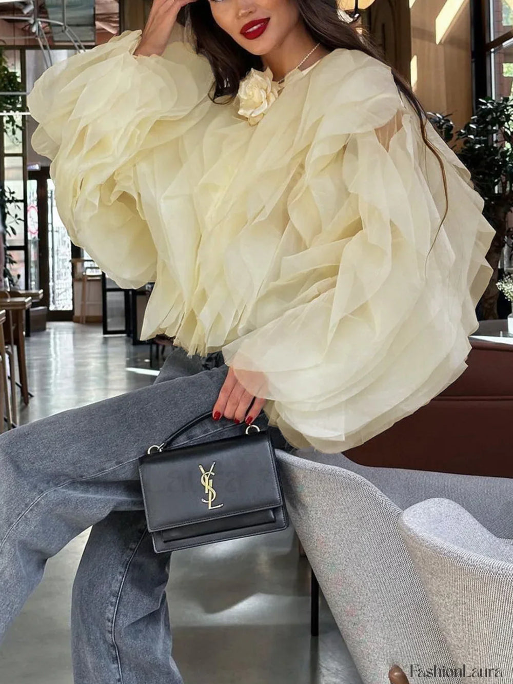 Chiffon Ruffled Graceful Crew Neck Blouse Blouses