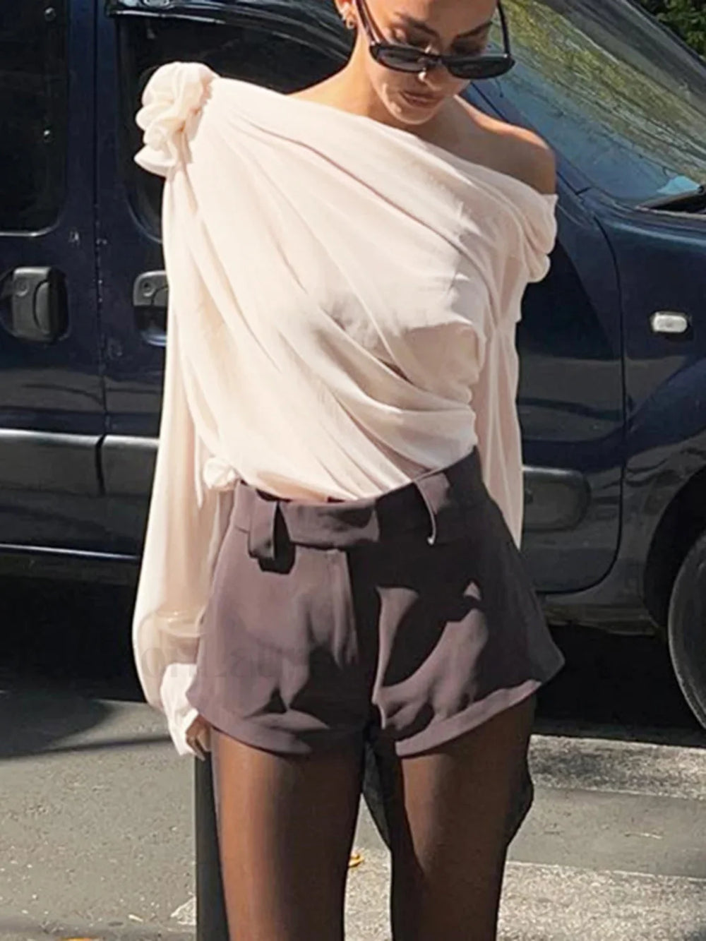 Chiffon Semi sheer One Shoulder Asymmetrical Blouse Blouses