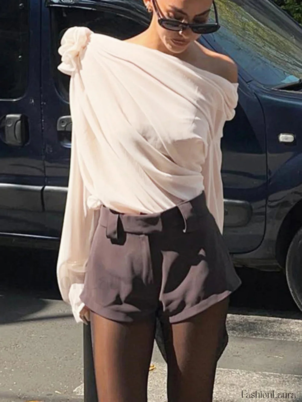 Chiffon Semi sheer One Shoulder Asymmetrical Blouse Blouses