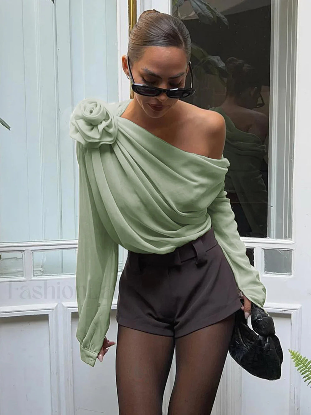 Chiffon Semi sheer One Trendy Shoulder Asymmetrical Top LightGreen / XS Shirts