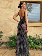 Chiffon Sheer Polka Dot Print Backless Long Dress Dresses