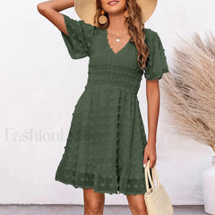 Chiffon Smocked Fur Ball Point Short Sleeve Holiday Beach A line 2024 Summer Female Sun Mini Dress
