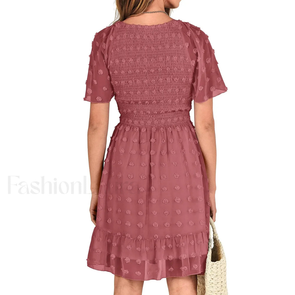 Chiffon Smocked Fur Ball Point Short Sleeve Holiday Beach A line 2024 Summer Female Sun Mini Dress