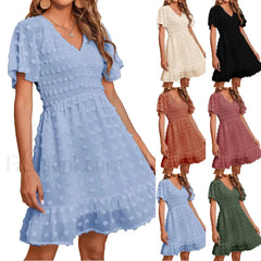 Chiffon Smocked Fur Ball Point Short Sleeve Holiday Beach A line 2024 Summer Female Sun Mini Dress