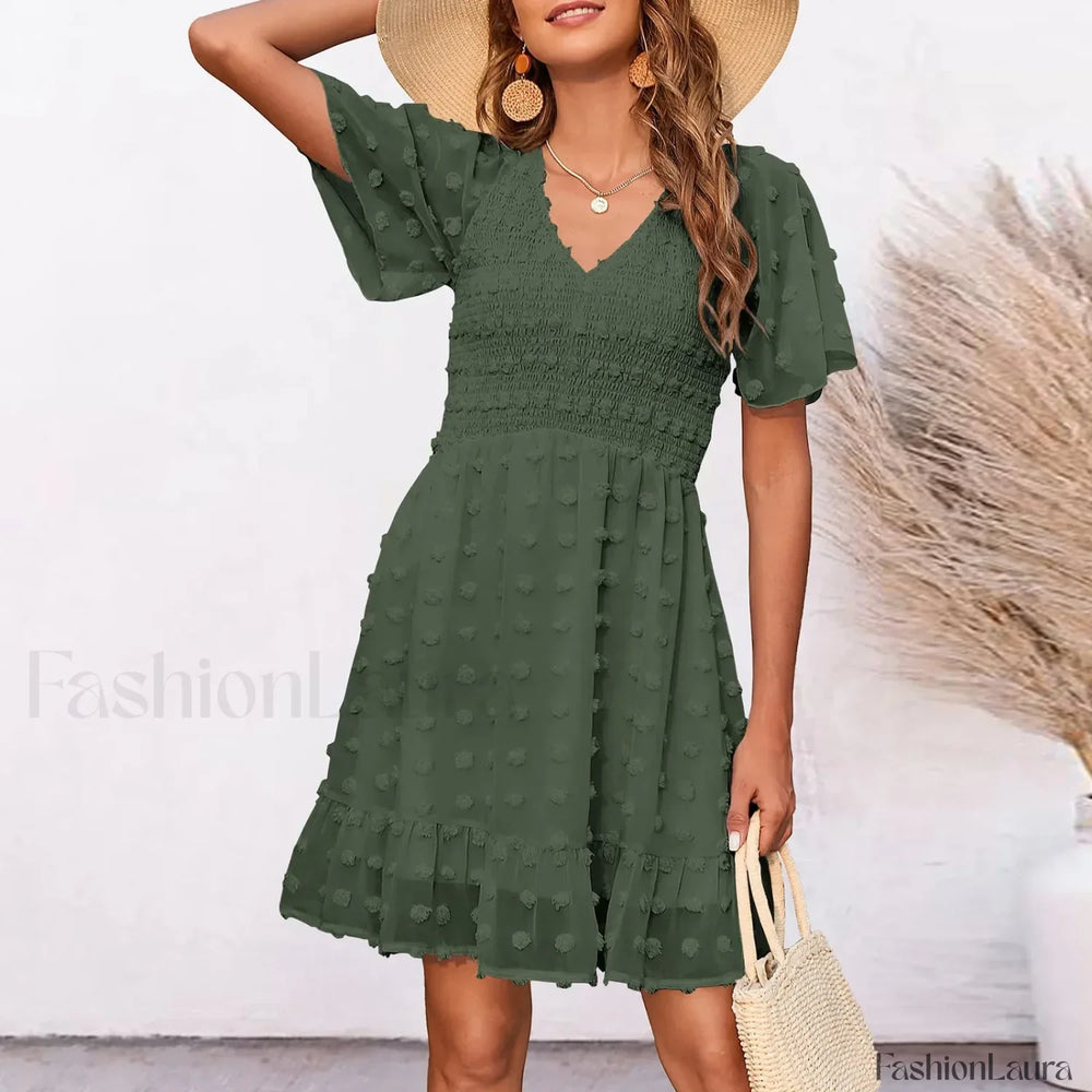 Chiffon Smocked Fur Ball Point Short Sleeve Holiday Beach A line 2024 Summer Female Sun Mini Dress