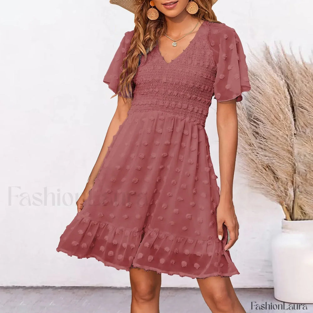 Chiffon Smocked Fur Ball Point Short Sleeve Holiday Beach A line 2024 Summer Female Sun Mini Dress Wine / S