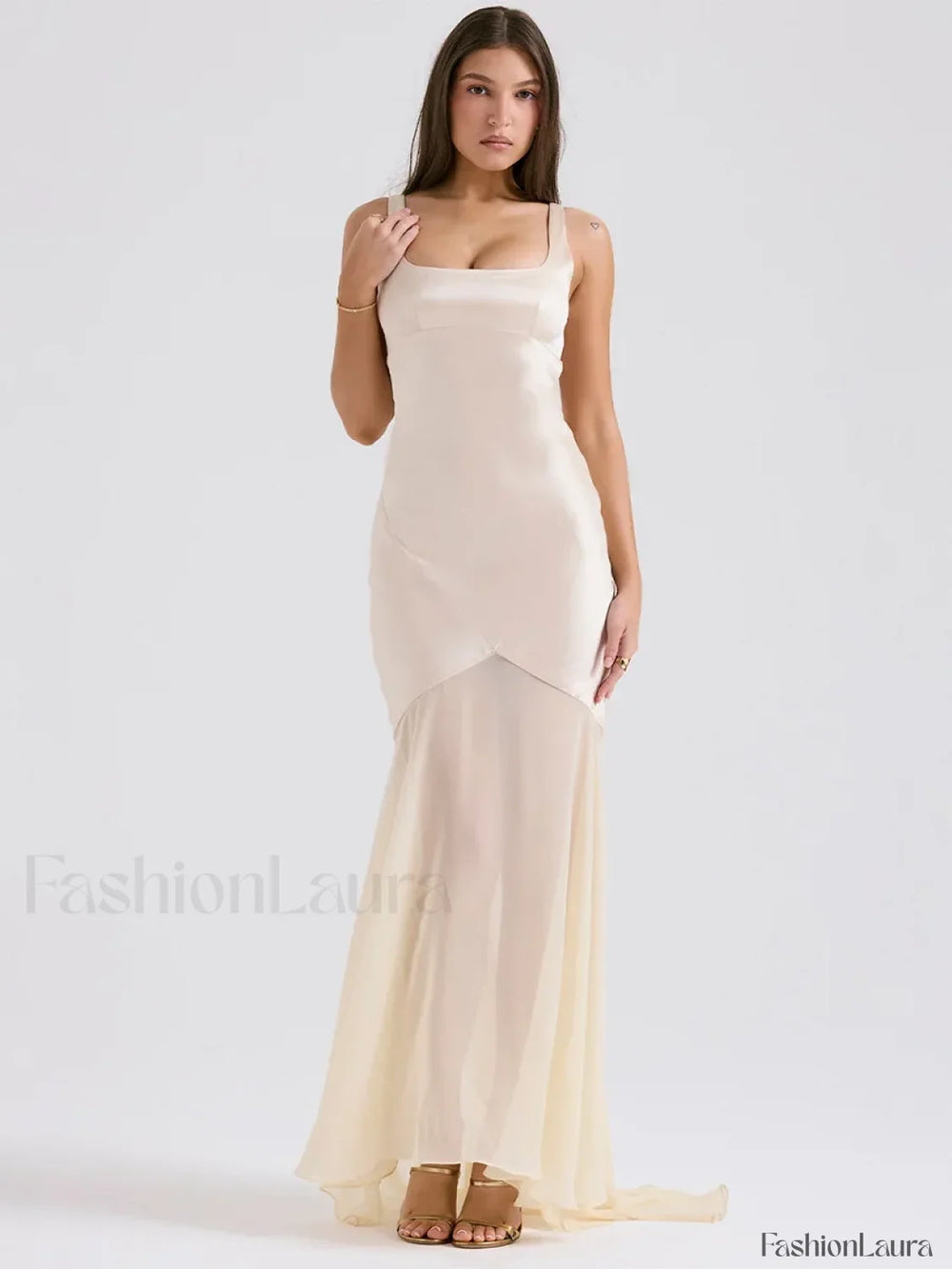 Chiffon Splicing Slim Floor Maxi Dress Beige / S