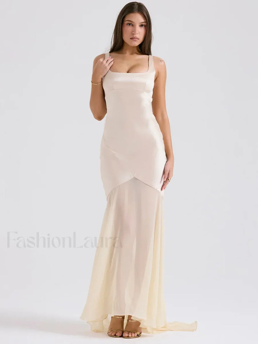 Chiffon Splicing Slim Floor Maxi Dress Beige / S