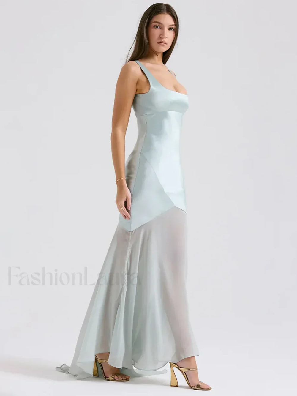 Chiffon Splicing Slim Floor Maxi Dress Blue / S