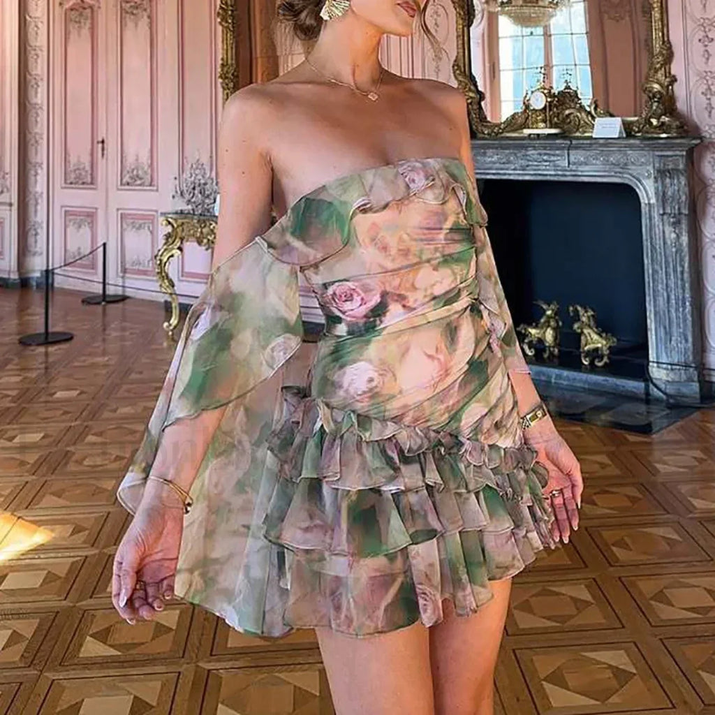 Chiffon Strapless Ruffle Mini Dress