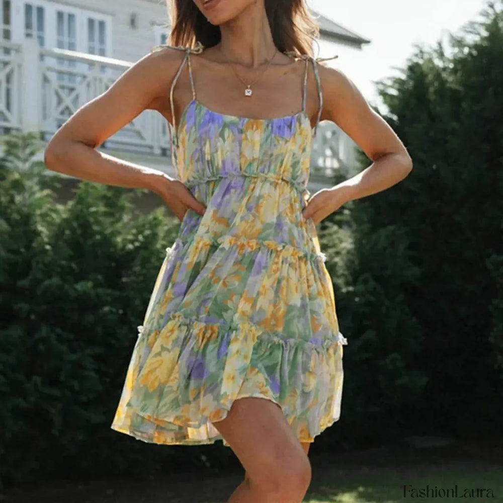 Chiffon Strappy Ruffled Floral Dress
