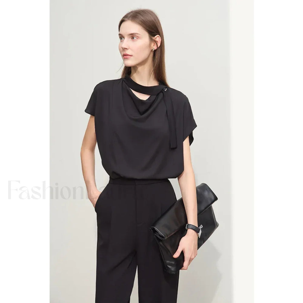 Chiffon Tie Neck Blouse T Shirt Black / S