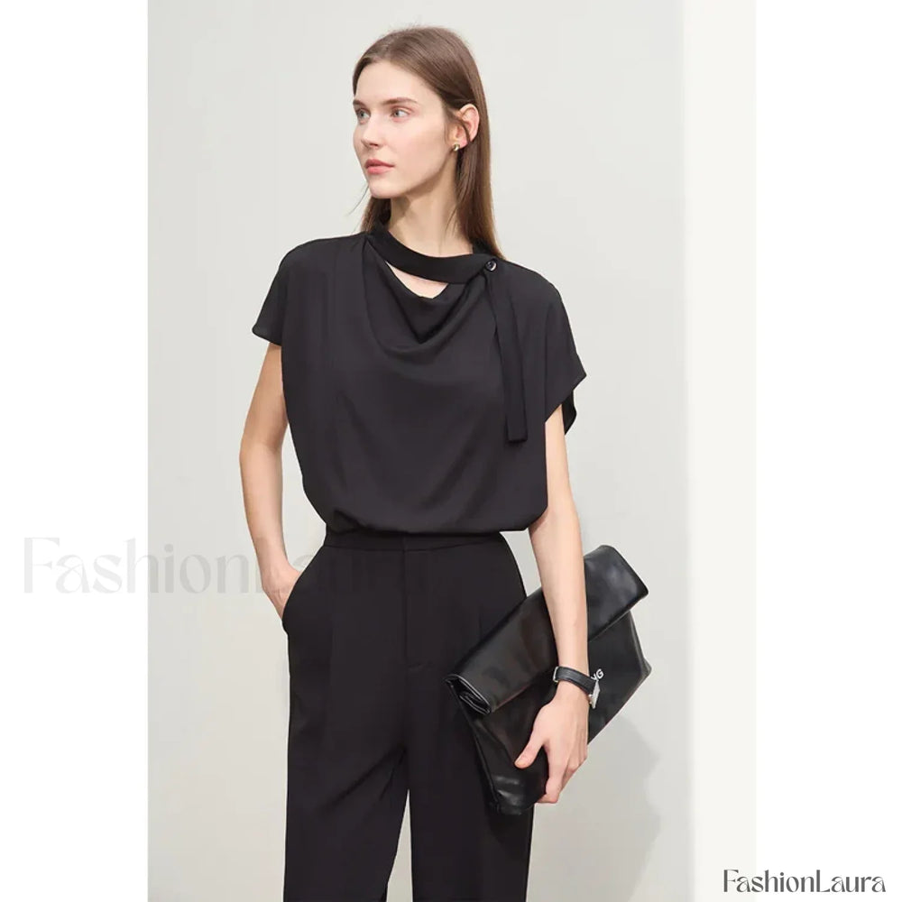 Chiffon Tie Neck Blouse T Shirt Black / S