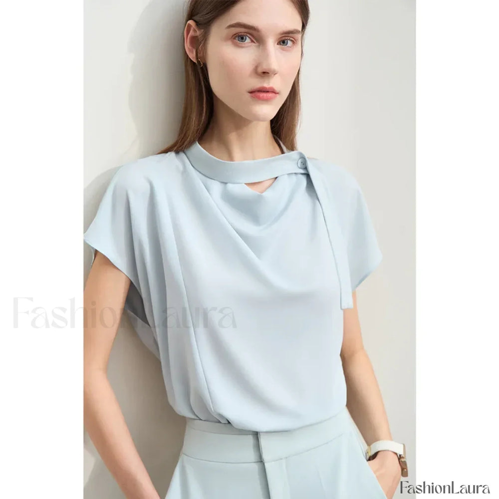Chiffon Tie Neck Blouse T Shirt Blue / S