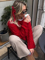 Christmas Sweater Lazy Twist O Neck Long Sleeve Side Split Knitted Christmas Sweaters L