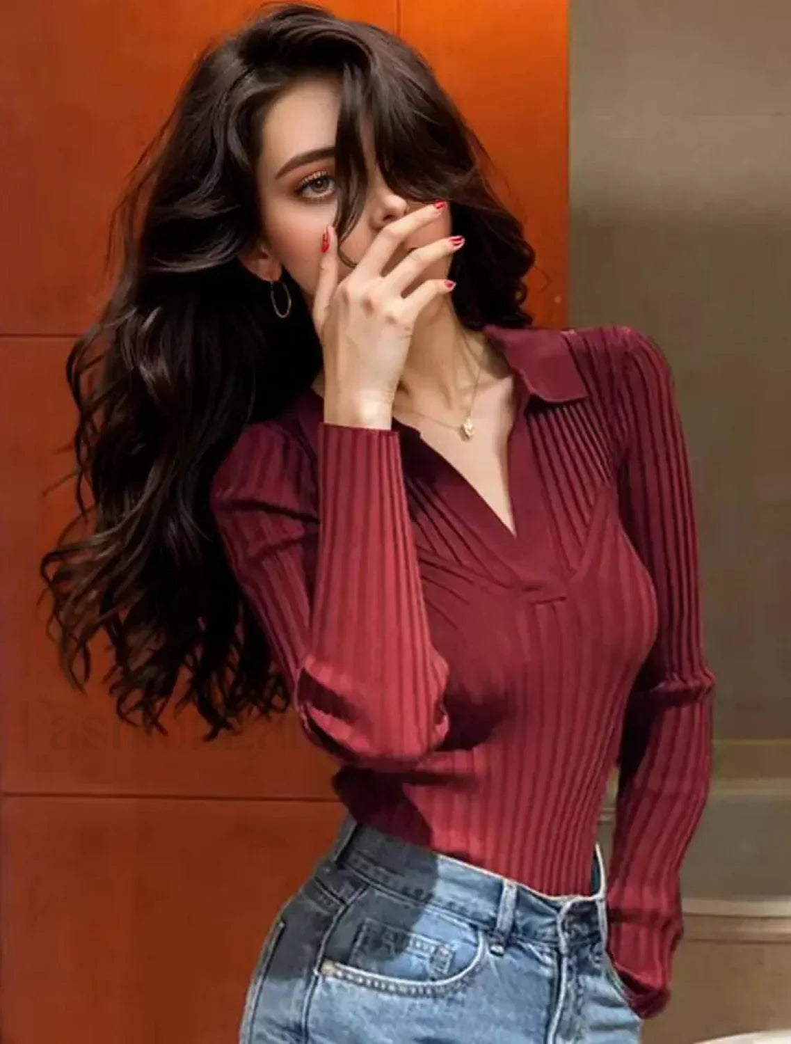 Christmas Sweater Slim Knitting Polo Collar Long Sleeve Soft Warm Knitwear Burgundy / One Size Christmas Sweaters L