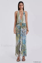 Cindy Plunge Stylish Maxi Dress S / Green Print