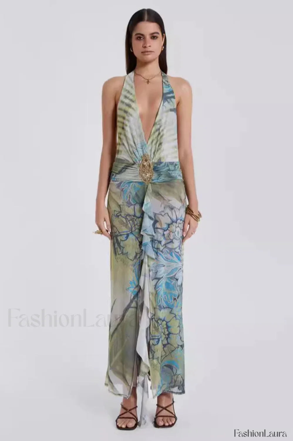 Cindy Plunge Stylish Maxi Dress S / Green Print