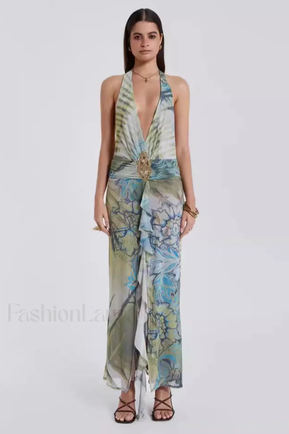 Cindy Plunge Stylish Maxi Dress S / Green Print