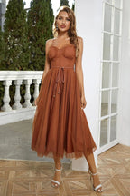 Cindy Tulle Stylish Midi Dress S / Brown