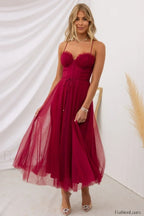 Cindy Tulle Stylish Midi Dress S / Burgundy