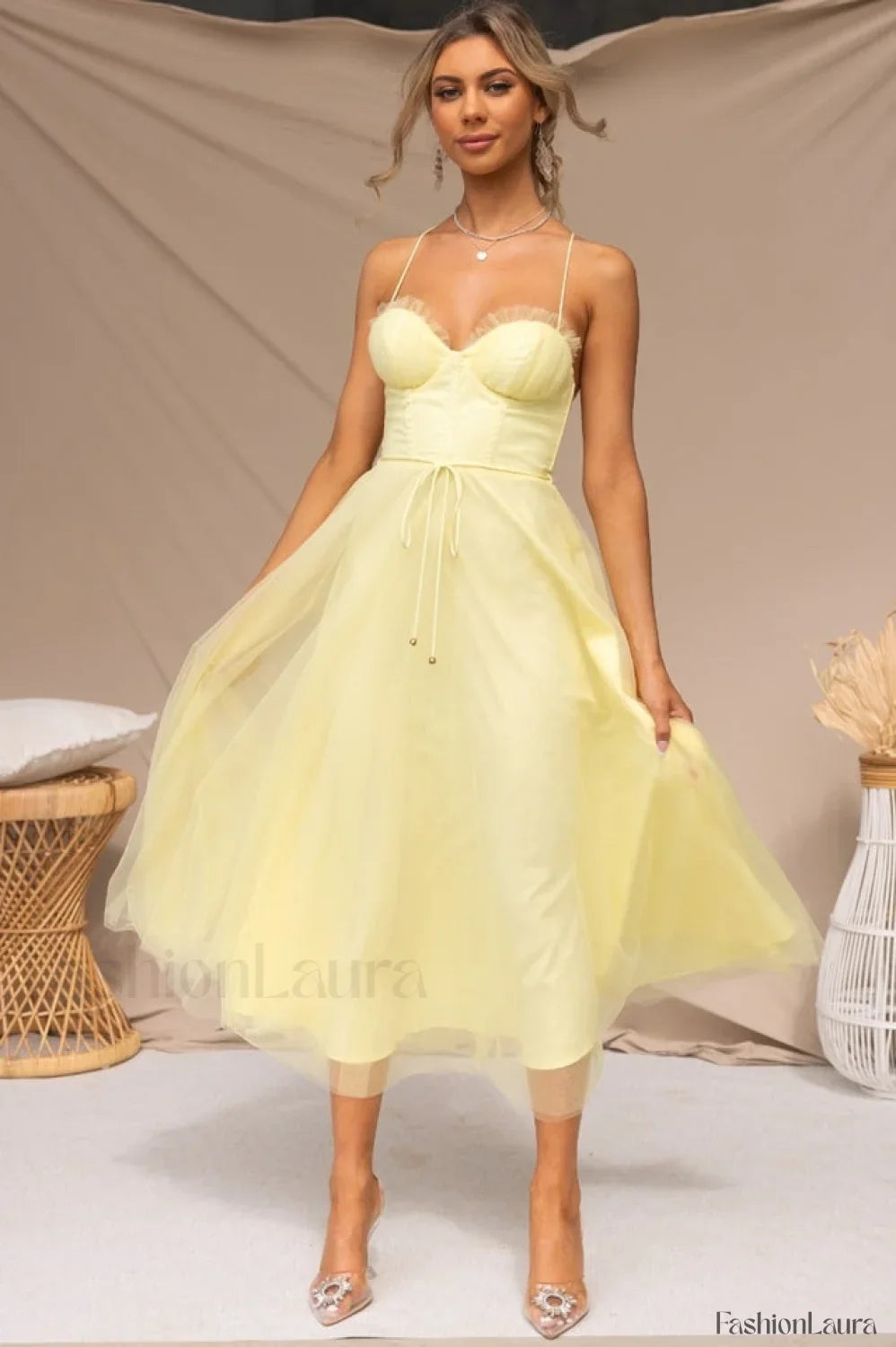 Cindy Tulle Stylish Midi Dress S / Buttercup