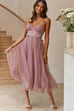 Cindy Tulle Stylish Midi Dress S / Dusty Pink