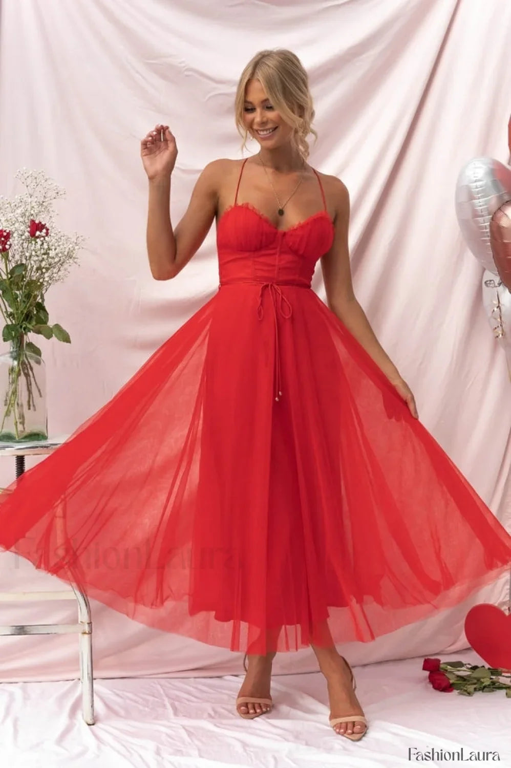 Cindy Tulle Stylish Midi Dress S / Red
