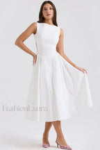 Cindy White Stylish Twill Midi Sundress