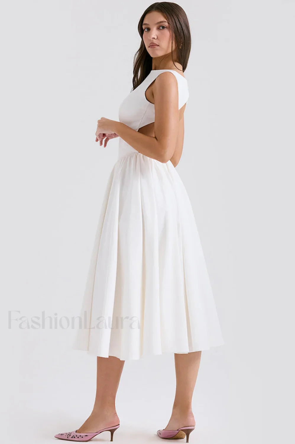 Cindy White Stylish Twill Midi Sundress