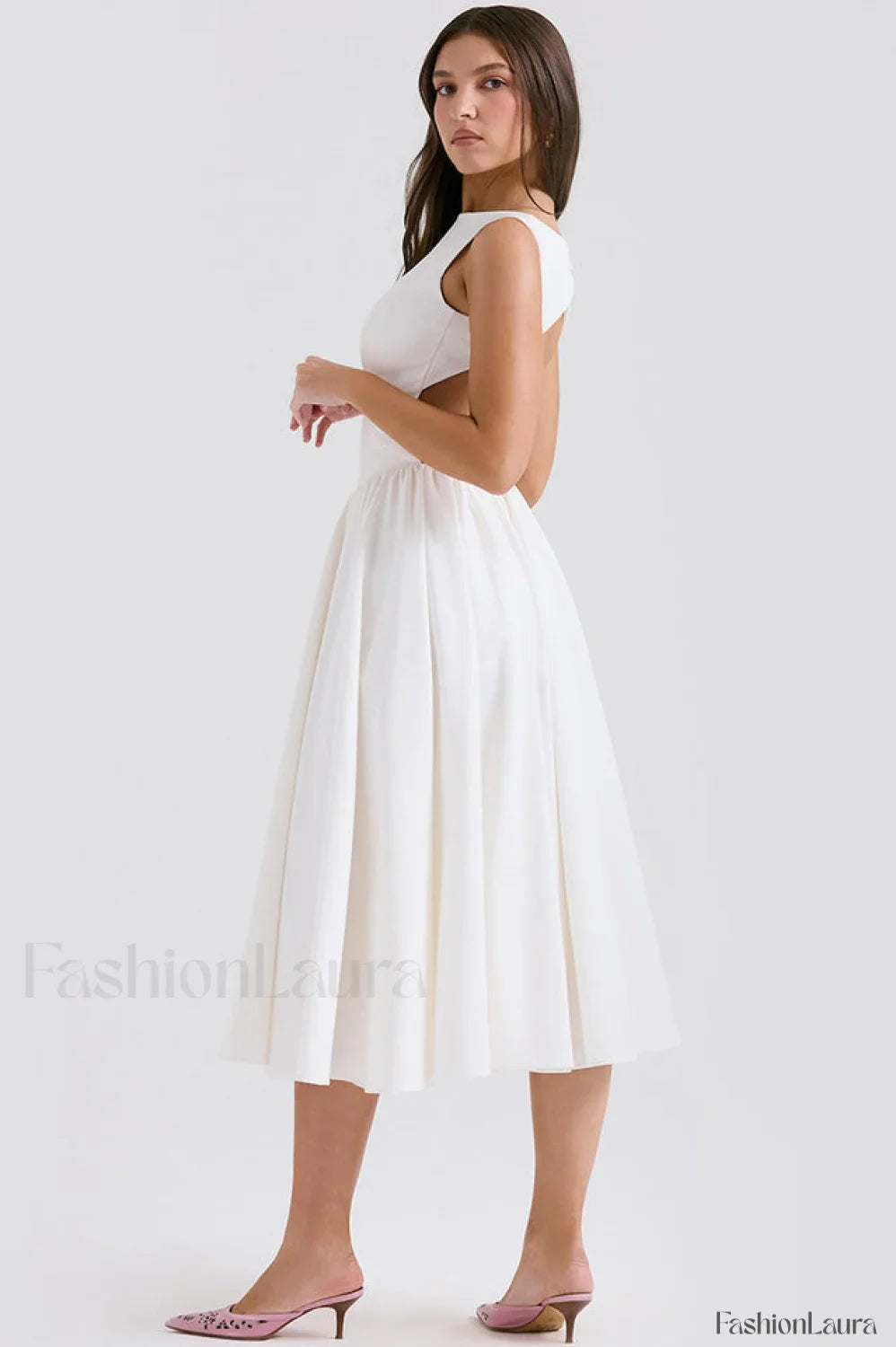 Cindy White Stylish Twill Midi Sundress