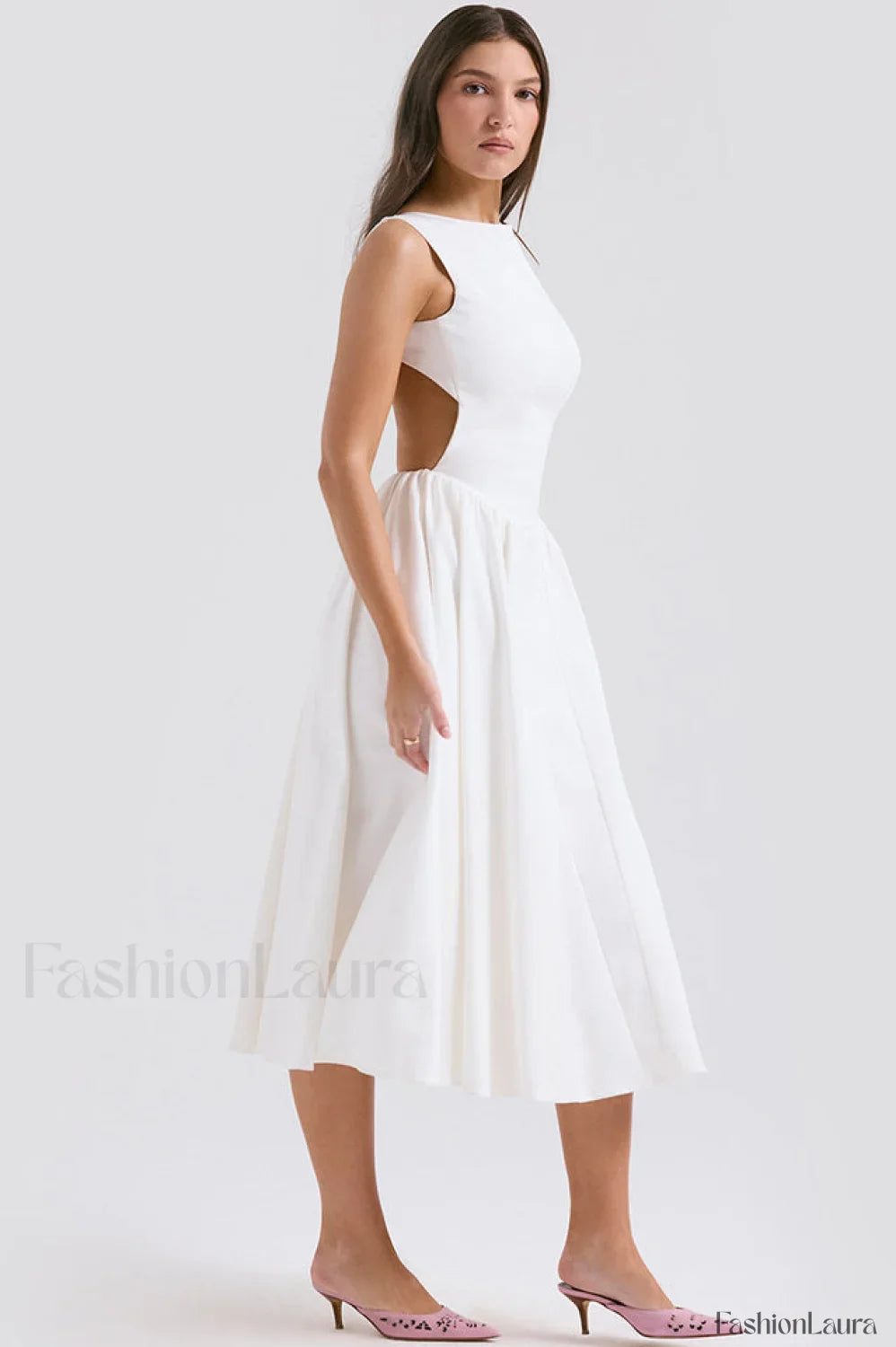 Cindy White Stylish Twill Midi Sundress